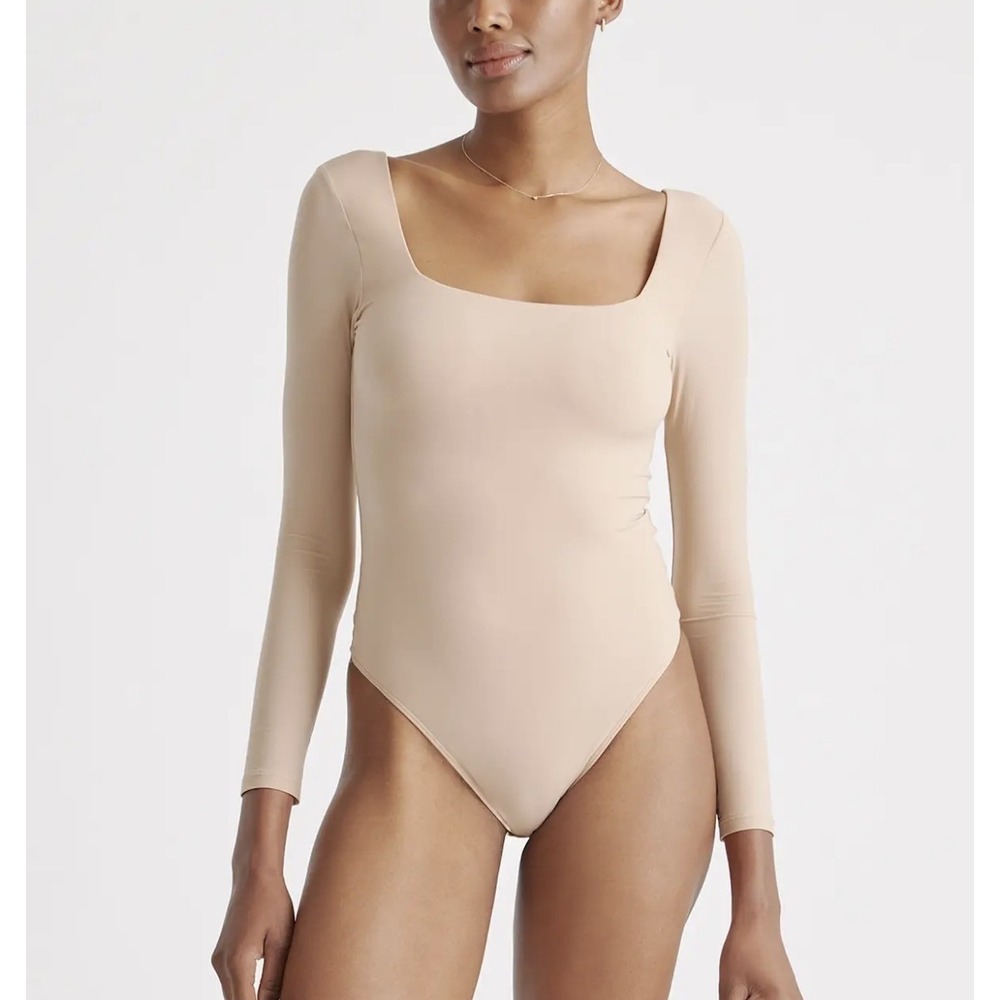 Quince Second Skin Square Neck Long Sleeve Bodysuit Sand Thong Womens S NWOT